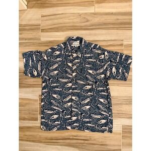 Vintage Columbia Mens Blue White Fish Print Rayon Linen Button Up Shirt Medium